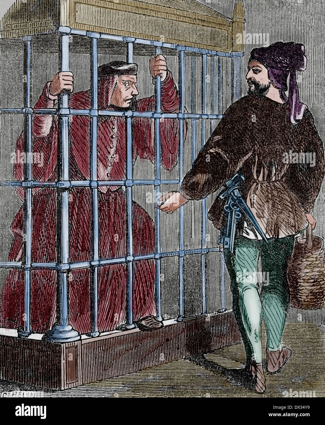 Jean Balue (1421-1491). Il cardinale francese e ministro di Louis XI. Balue prigioniero nel castello di Loches. Incisione. Colorati. Foto Stock