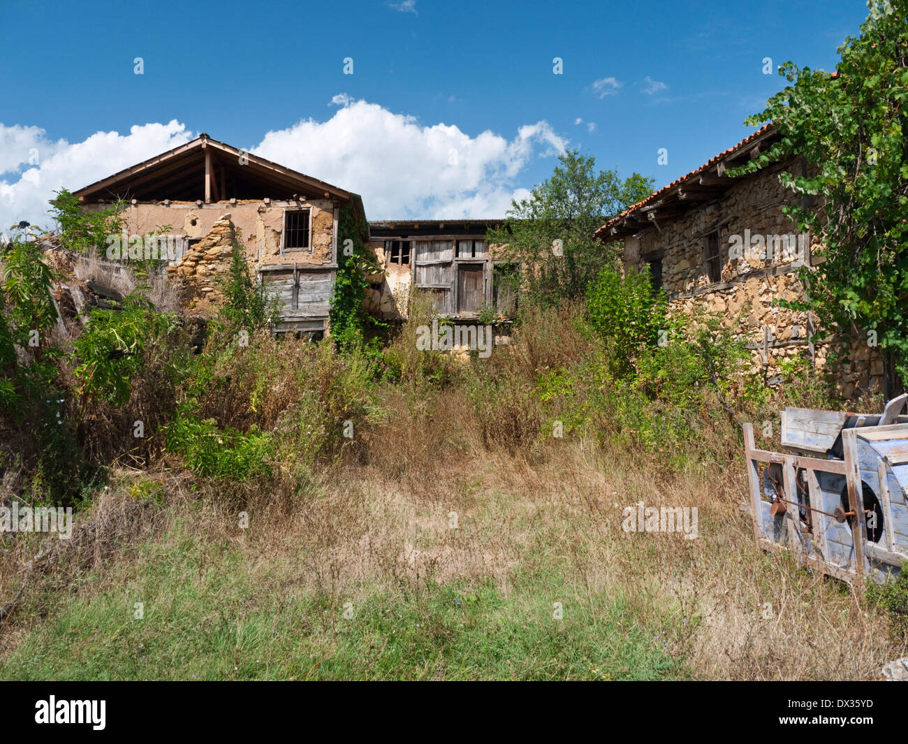 Abbandonati in stile tradizionale case del borgo di Miokazi, nei pressi di Kichevo, Macedonia Foto Stock