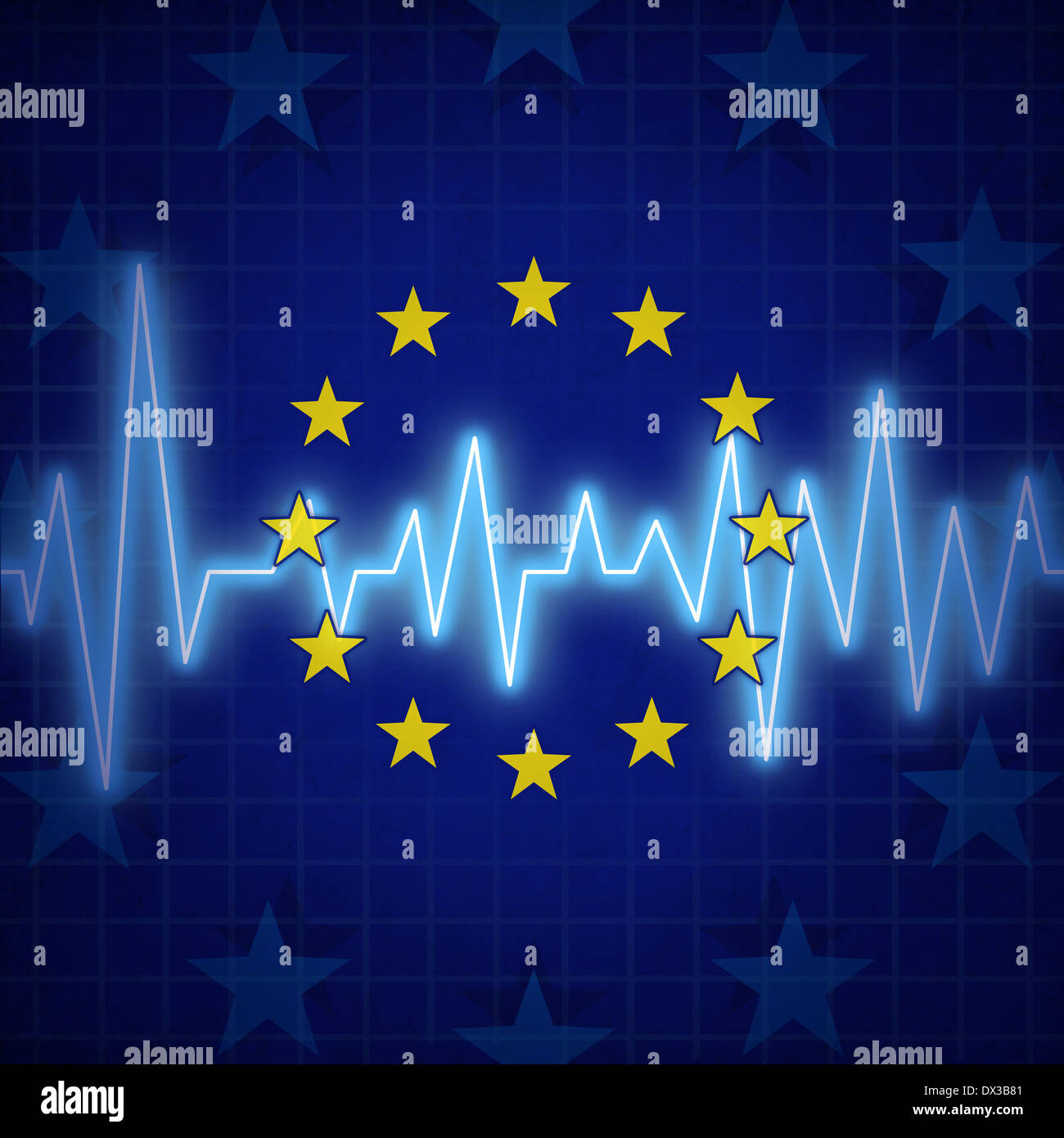 In Europa il concetto di crisi e Unione europea sfide simbolo con un ECG o EKG lifeline monitor su una icona bandiera come una metafora per le relazioni politiche ed economiche questioni di salute. rischi Foto Stock