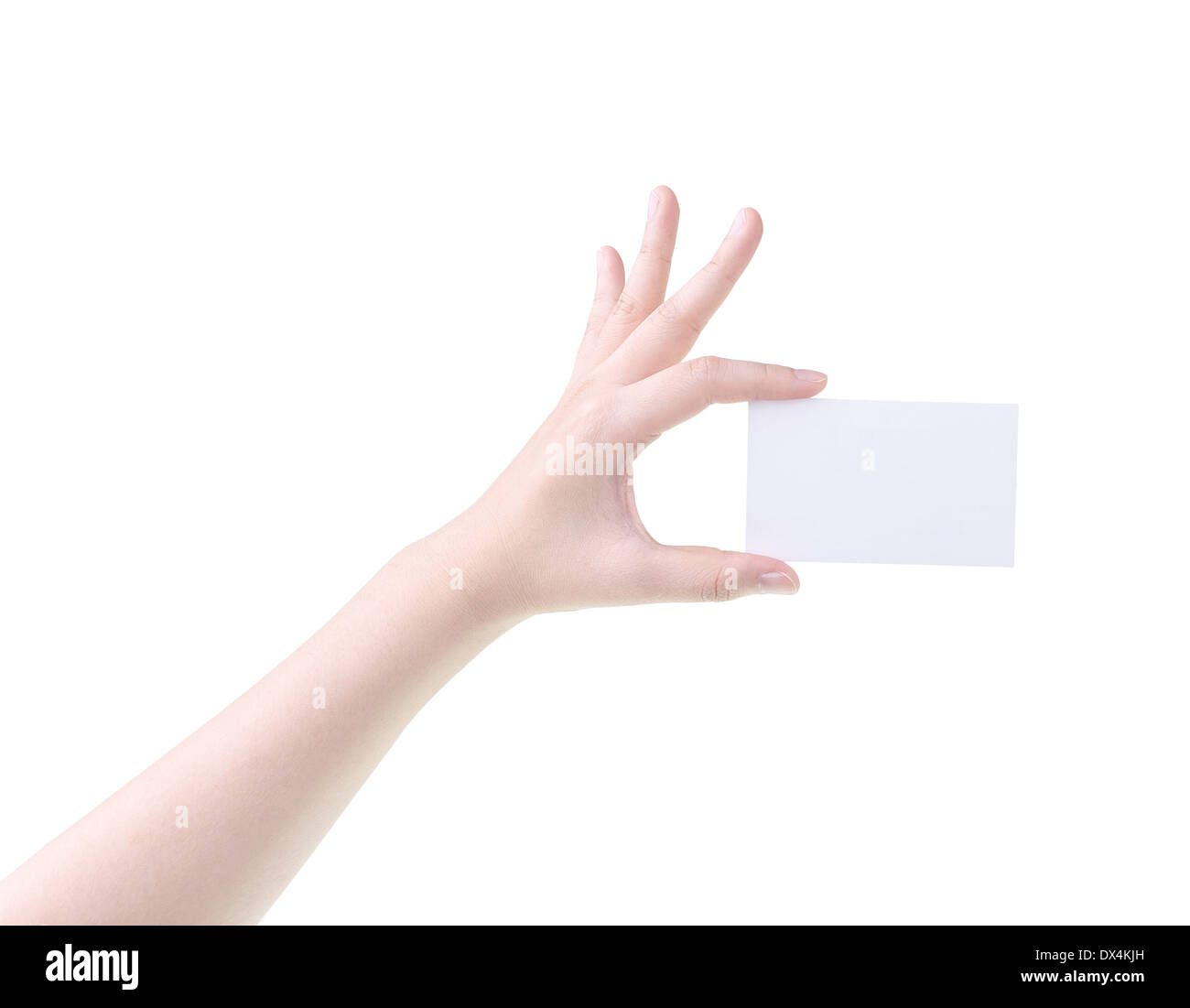 Donna mano che tiene la scheda vuota isolata su sfondo bianco Foto Stock