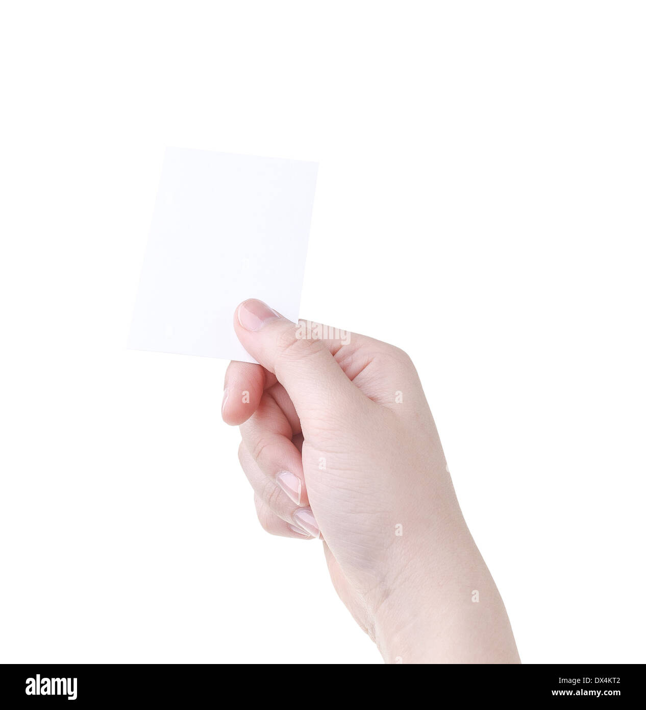 Donna mano che tiene la scheda vuota isolata su sfondo bianco Foto Stock