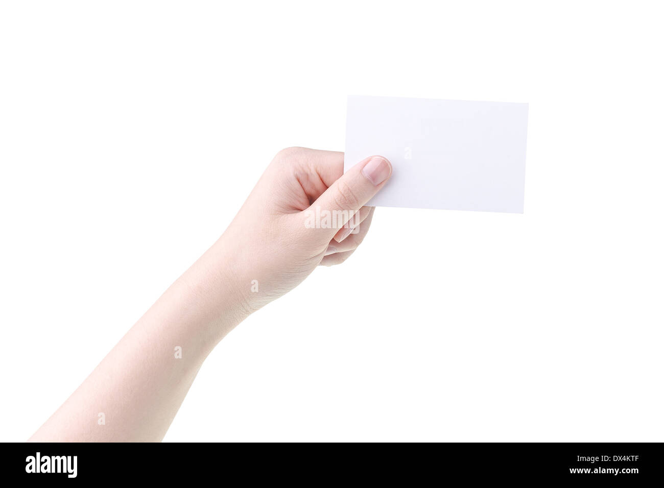 Donna mano che tiene la scheda vuota isolata su sfondo bianco Foto Stock