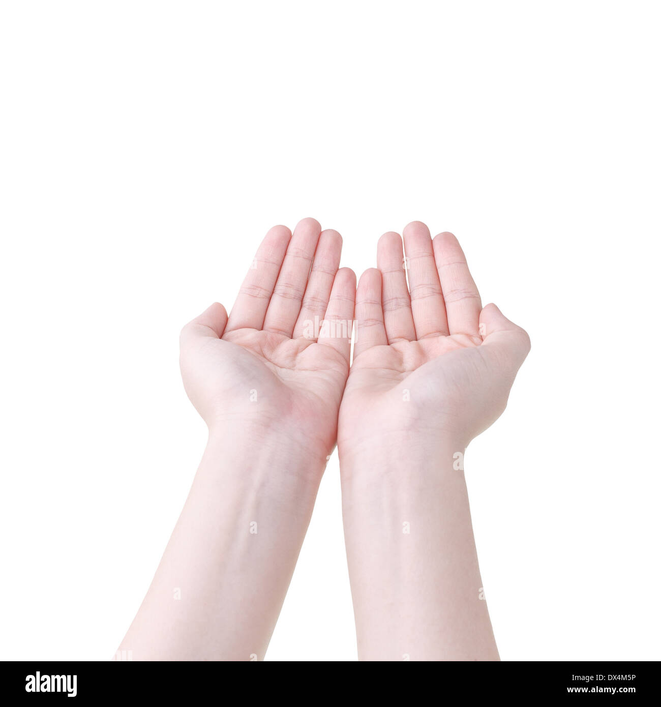 Le mani aperte di donna isolato su bianco Foto Stock