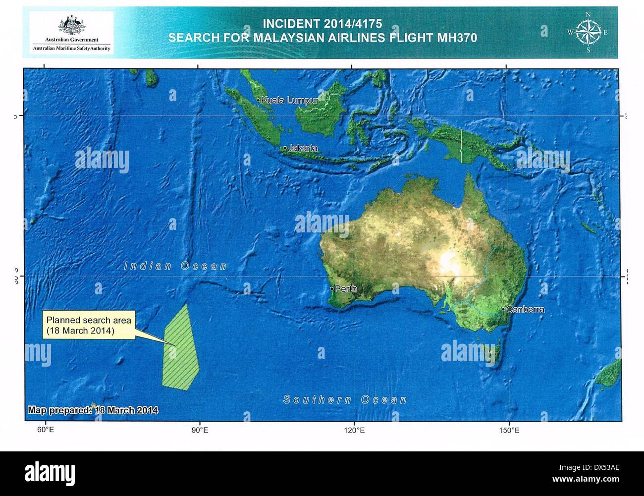 Canberra. Xviii Mar, 2014. La versione scansionata della mappa rilasciato il 18 marzo 2014 dalla Australian Maritime Safety Authority (AMSA) mostra prevista area di ricerca (area ombreggiata). AMSA ha detto martedì che l Australia ha iniziato le operazioni di ricerca mancante per la Malaysia Volo Aereo MH370 in un'area di 600.000 chilometri quadrati off Western Australian costa. Credito: Xinhua/Alamy Live News Foto Stock