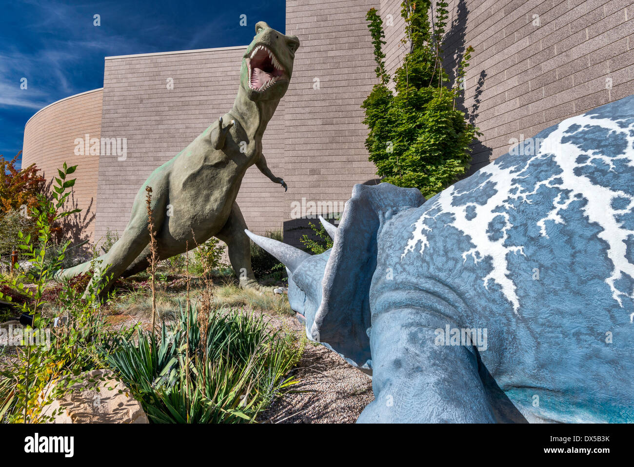 Triceratops, Tyrannosaurus rex, Cretaceo, giardino di dinosauri, Utah Field House di storia naturale del Parco Statale Museum, primaverile, Utah Foto Stock