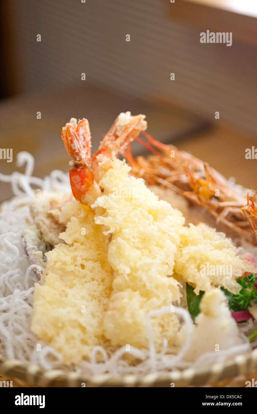 Stile giapponese tempura di gamberetti extreme closeup macro Foto Stock