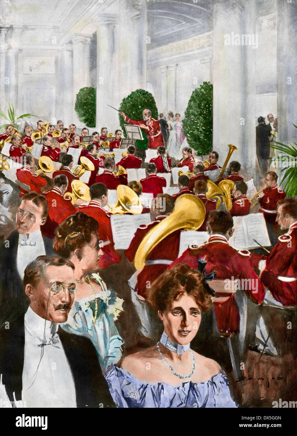 US Marine Band che suona alla Casa Bianca come ospiti procedere per incontrare il Presidente Theodore Roosevelt, 1903. Colorate a mano di mezzitoni una illustrazione Foto Stock