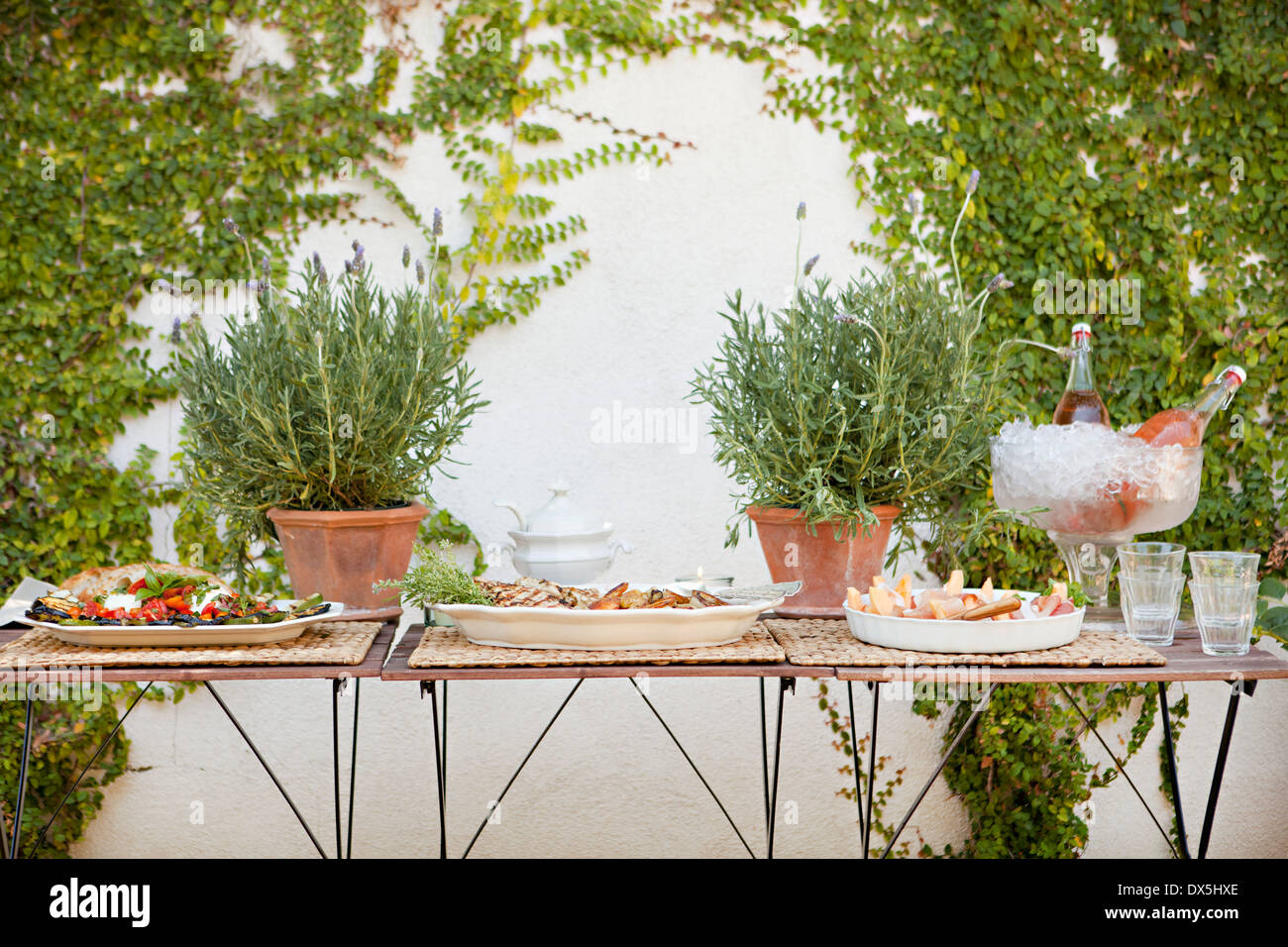 Buffet in Giardino tavolo con fiori invasati Foto Stock