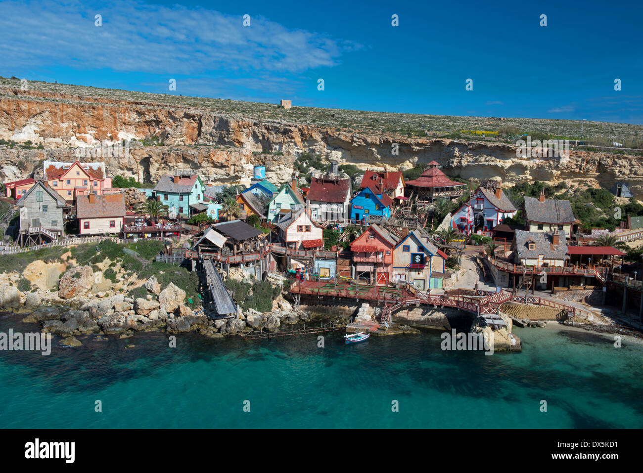 Popeye il villaggio è anche noto come Sweethaven Village,Anchor Bay nei pressi di Mellieha, Malta. Foto Stock