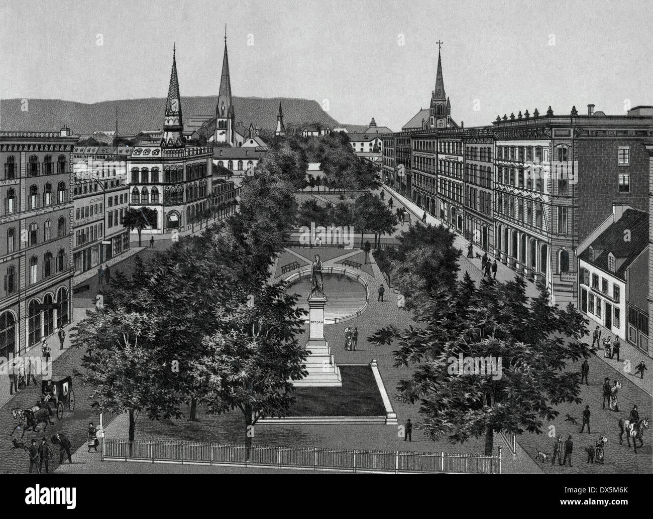 Circa 1885 vista di Victoria Square e Queen's Monumento a Montreal, Quebec, Canada. Da un souvenir antichi album utilizzando il Glaser/Frey processo litografico. Foto Stock