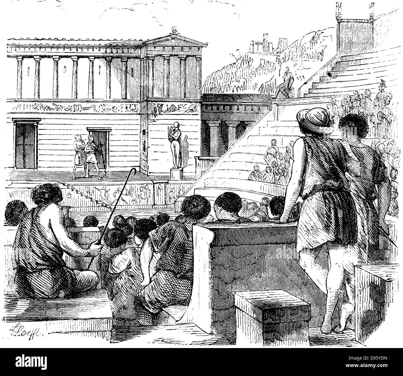 Prestazioni in antico teatro greco, illustrazione dal libro datato 1878 Foto Stock