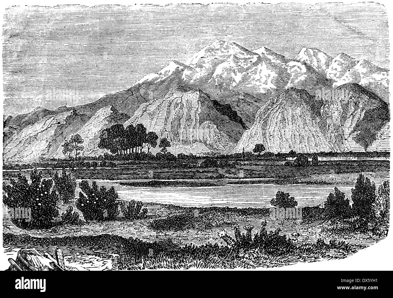 Valle di Sparta e il Monte Taygetus, illustrazione dal libro datato 1878 Foto Stock