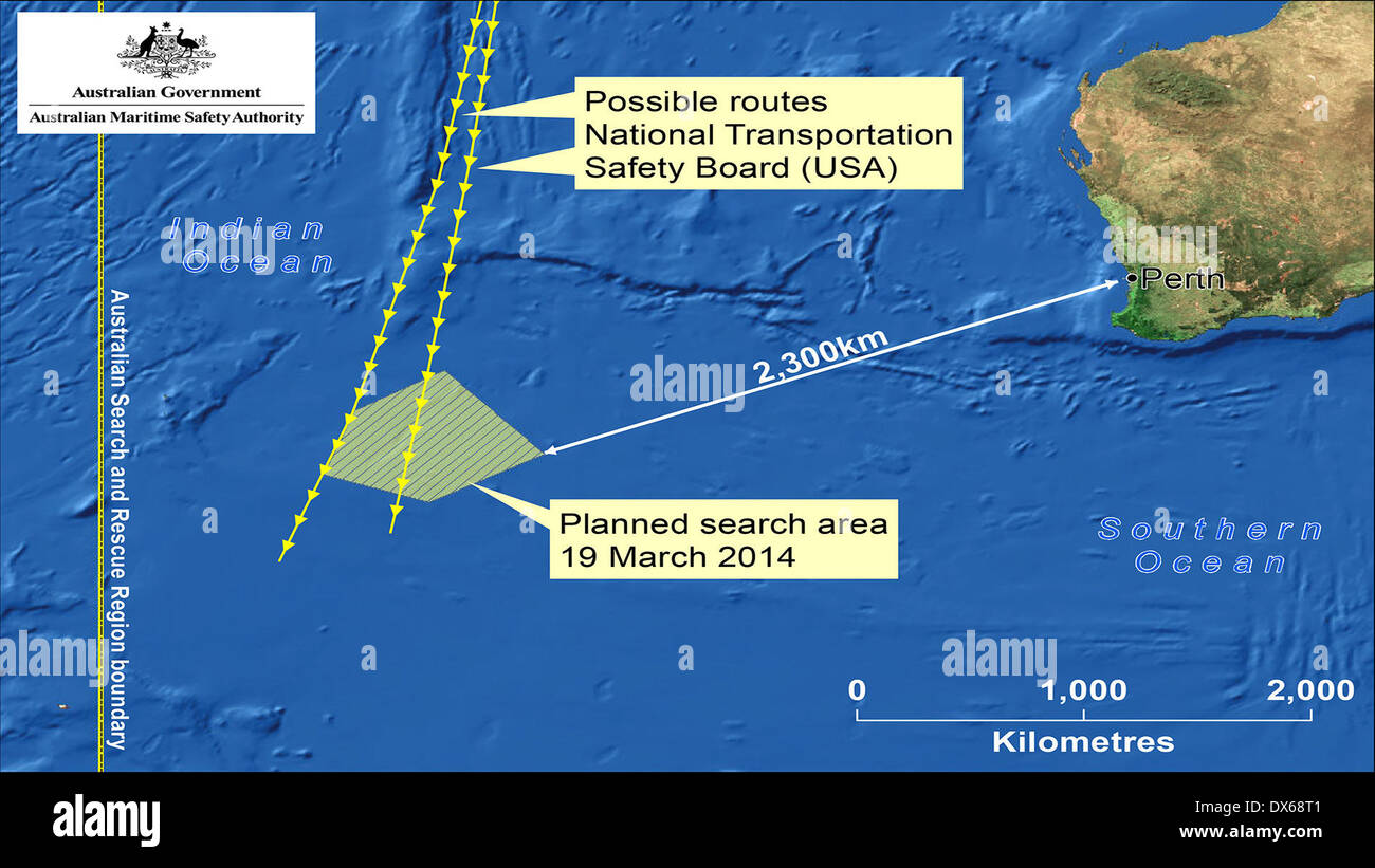 A Canberra, Australia. Xix Mar, 2014. La versione scansionata della mappa rilasciato il 19 marzo 2014 dalla Australian Maritime Safety Authority (AMSA) mostra l'area di ricerca per la seconda giornata è stata ridotta a 300.000 chilometri quadrati da 600.000 chilometri quadrati un giorno prima. La zona è anche più vicino al Western Australian costa. L'operazione di ricerca per la Malaysia Airlines MH370 nel sud dell'Oceano Indiano ha continuato in australiano di ricerca e salvataggio, Regione di AMSA detto mercoledì. Credito: Xinhua/Alamy Live News Foto Stock