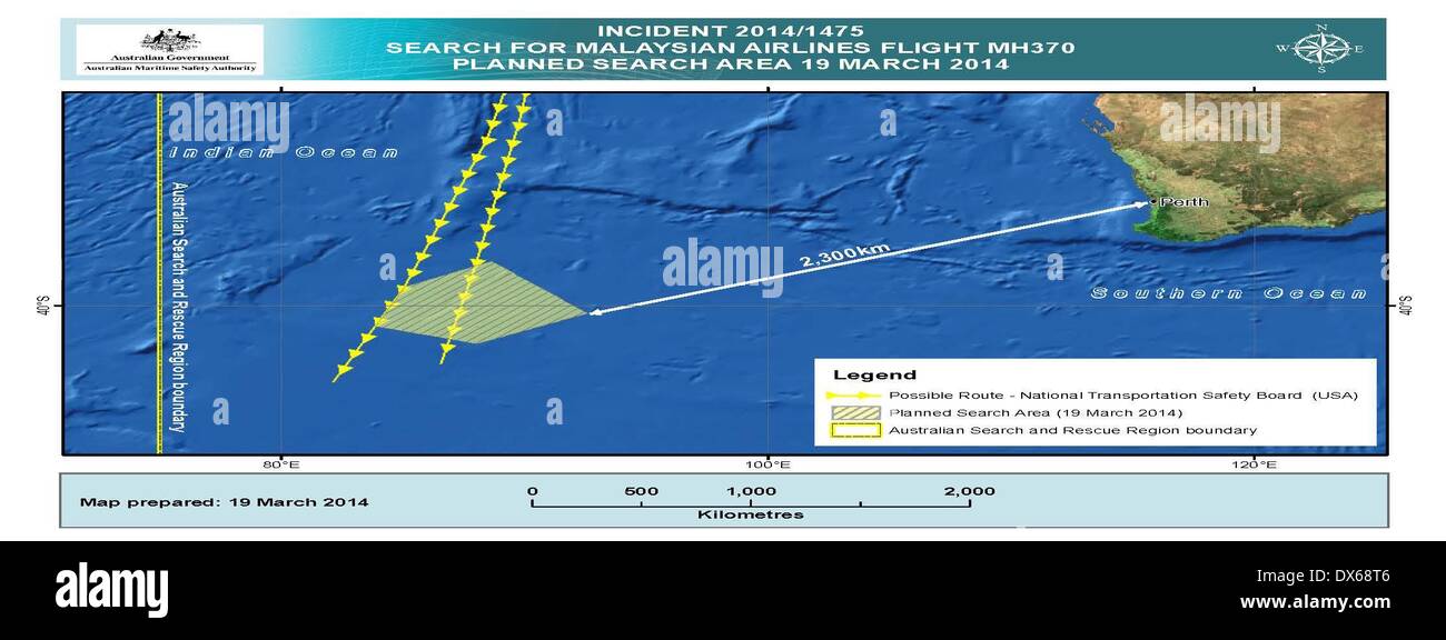 A Canberra, Australia. Xix Mar, 2014. La versione scansionata della mappa rilasciato il 19 marzo 2014 dalla Australian Maritime Safety Authority (AMSA) mostra l'area di ricerca per la seconda giornata è stata ridotta a 300.000 chilometri quadrati da 600.000 chilometri quadrati un giorno prima. La zona è anche più vicino al Western Australian costa. L'operazione di ricerca per la Malaysia Airlines MH370 nel sud dell'Oceano Indiano ha continuato in australiano di ricerca e salvataggio, Regione di AMSA detto mercoledì. Credito: Xinhua/Alamy Live News Foto Stock