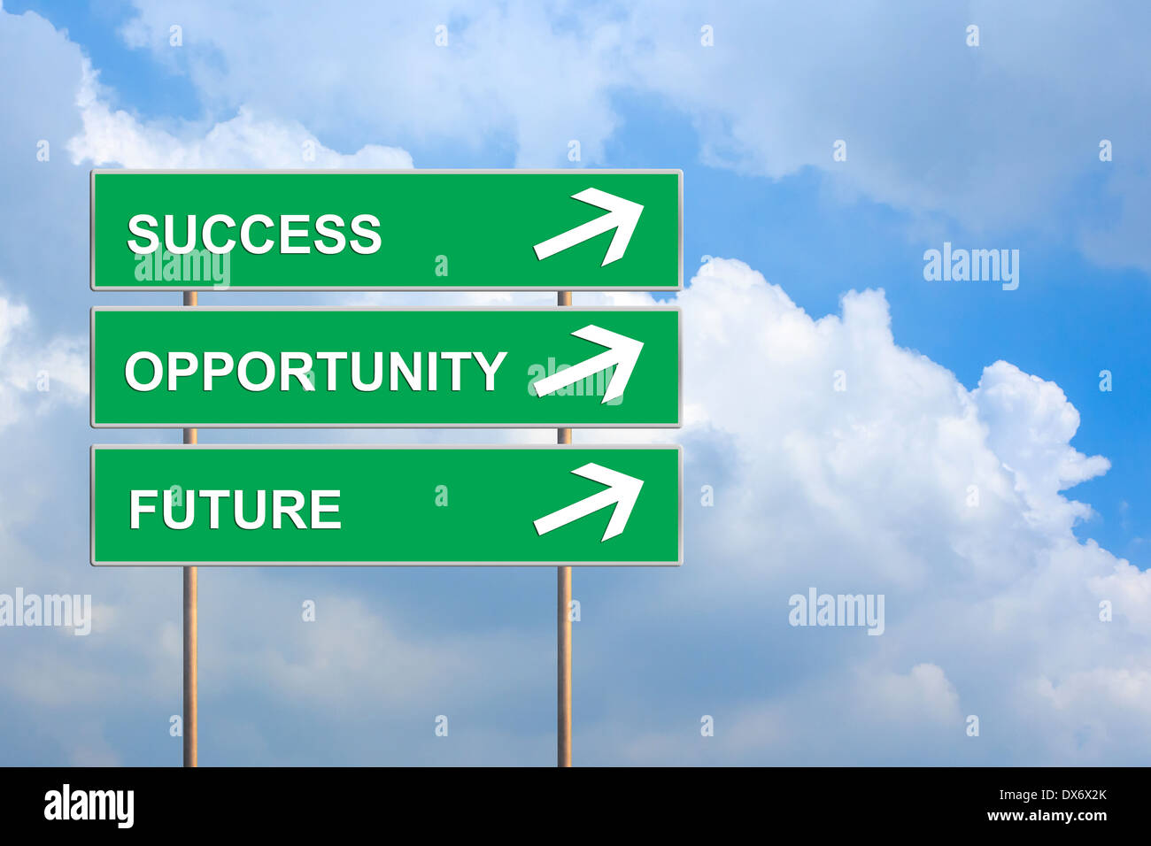 Il successo, le opportunità e le possibilità di futuro sul cartello verde con il blu del cielo Foto Stock