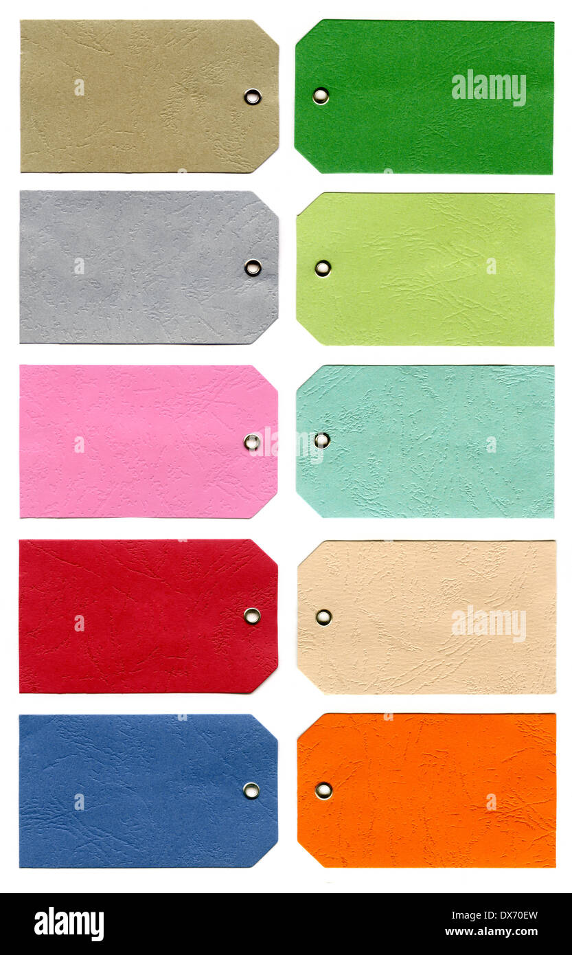 Dieci colori diversi 'tag' su uno sfondo bianco. Foto Stock