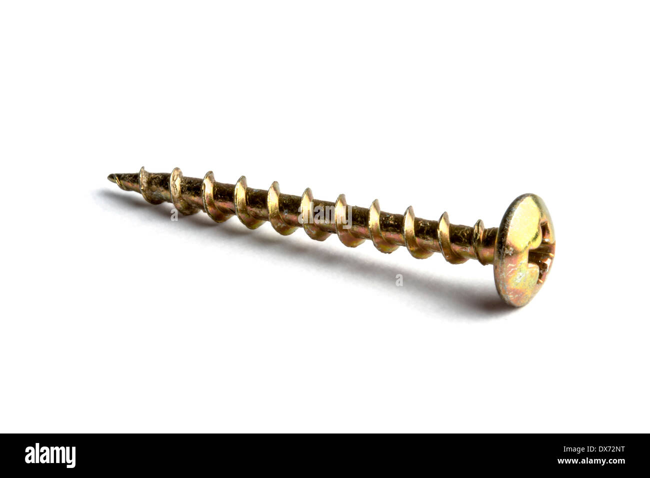 Una vista dettagliata di una vite dorata, perfetta per progetti di costruzione e fai da te. Foto Stock
