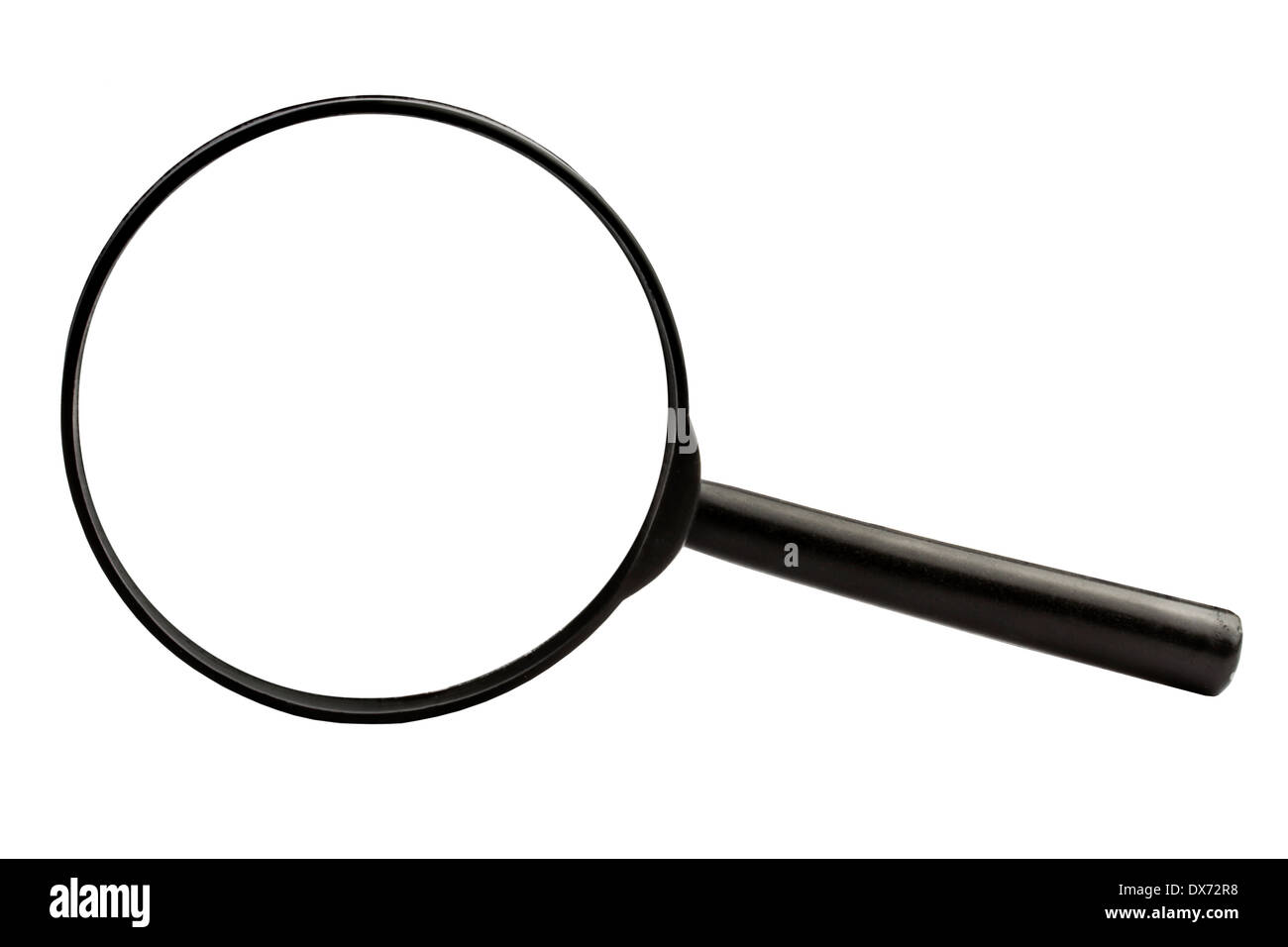 Una lente d'ingrandimento con una lente trasparente su uno sfondo bianco, che simboleggia la ricerca e la messa a fuoco. Foto Stock
