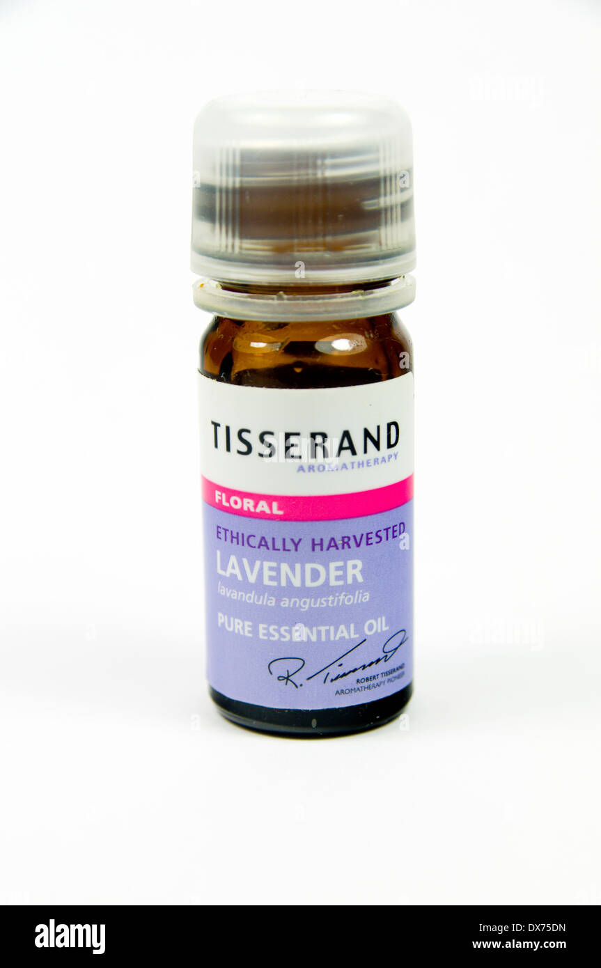 L'olio essenziale di lavanda bottiglia. Foto Stock