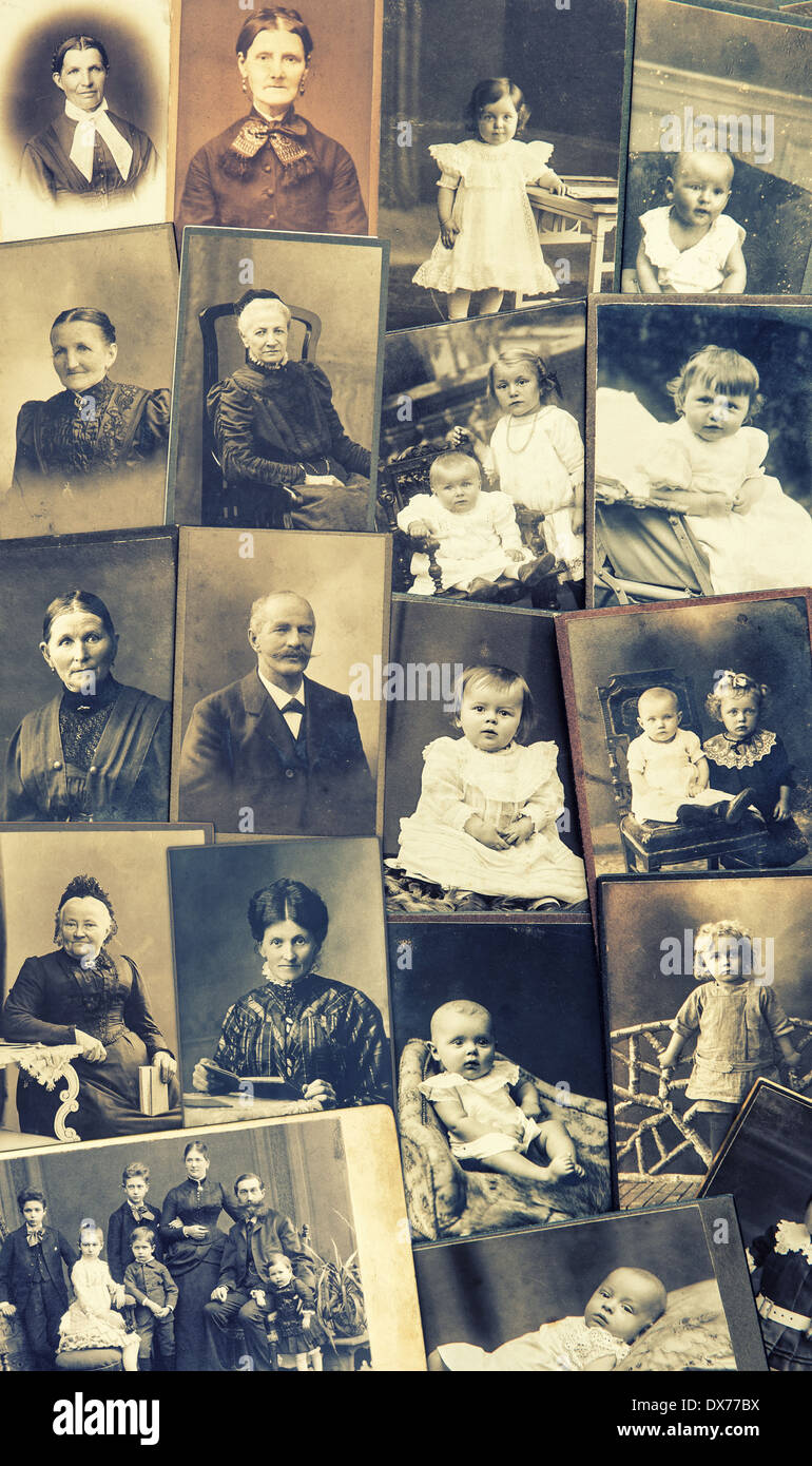 Le vecchie foto di famiglia e i genitori, il nonno e la nonna; i bambini Foto Stock