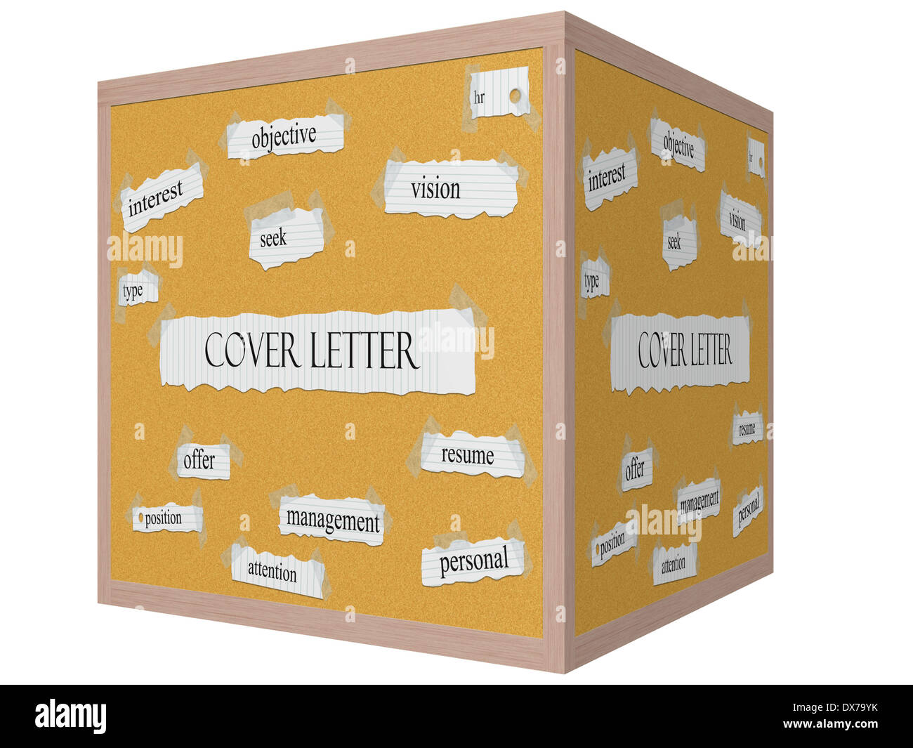 Cover Letter cubo 3D Bacheca parola concetto con grande termini quali hr, riprendere, attenzione e più. Foto Stock