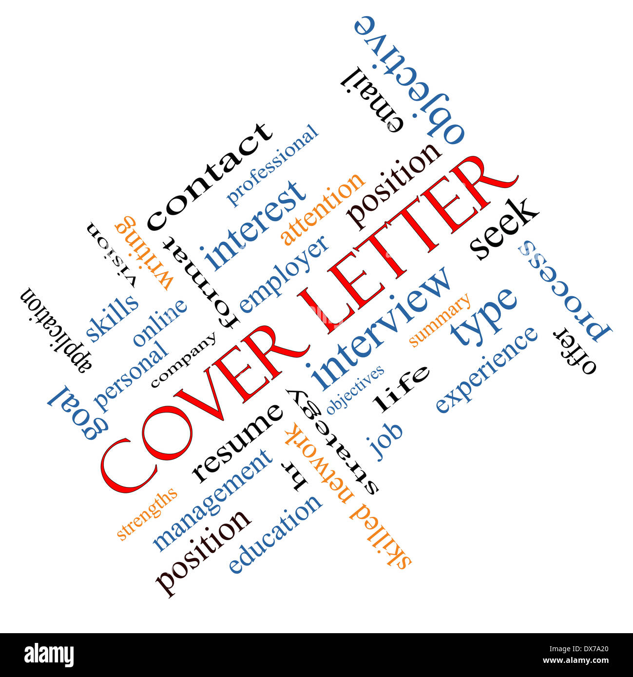 Cover Letter Word Cloud concetto angolato con grande termini come intervista, riprendere, di riepilogo e di più. Foto Stock
