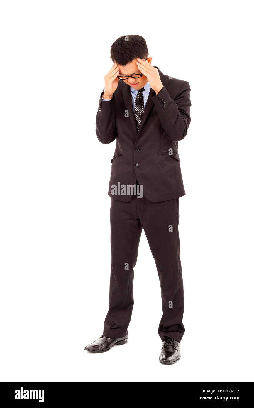Imprenditore hanno un mal di testa con espressione dolorosa su sfondo bianco Foto Stock
