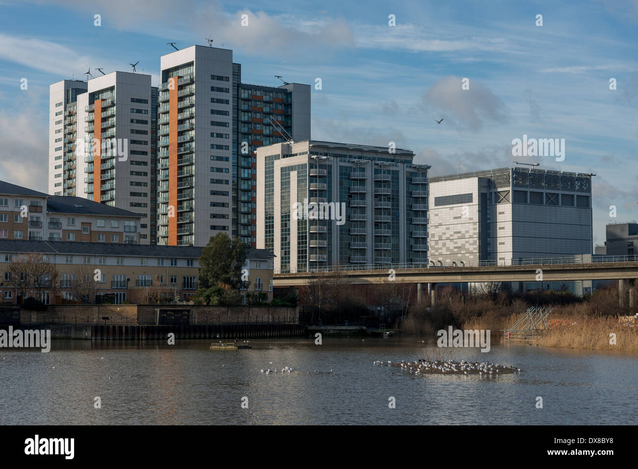 La nuova build alto appartamenti residenziali vicino Oriente India Dock evidenziare la crescita economica della zona est di Londra con Canary Wharf vicino Foto Stock