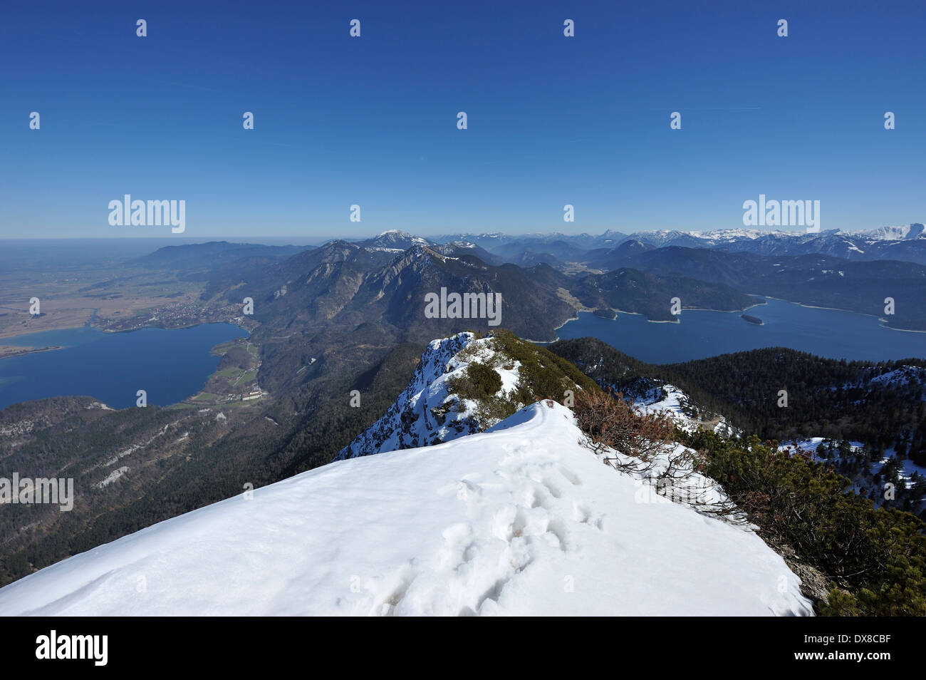 Vista sul lago di Walchen, Walchensee e Lago di Kochel, Kochelsee dal vertice Herzogstand in inverno, Baviera, Germania Foto Stock
