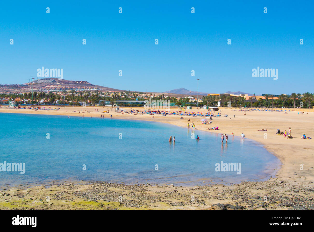 La Playa El Castilo spiaggia principale, a Caleta de Fuste, Fuerteventura, Isole Canarie, Spagna, Europa Foto Stock