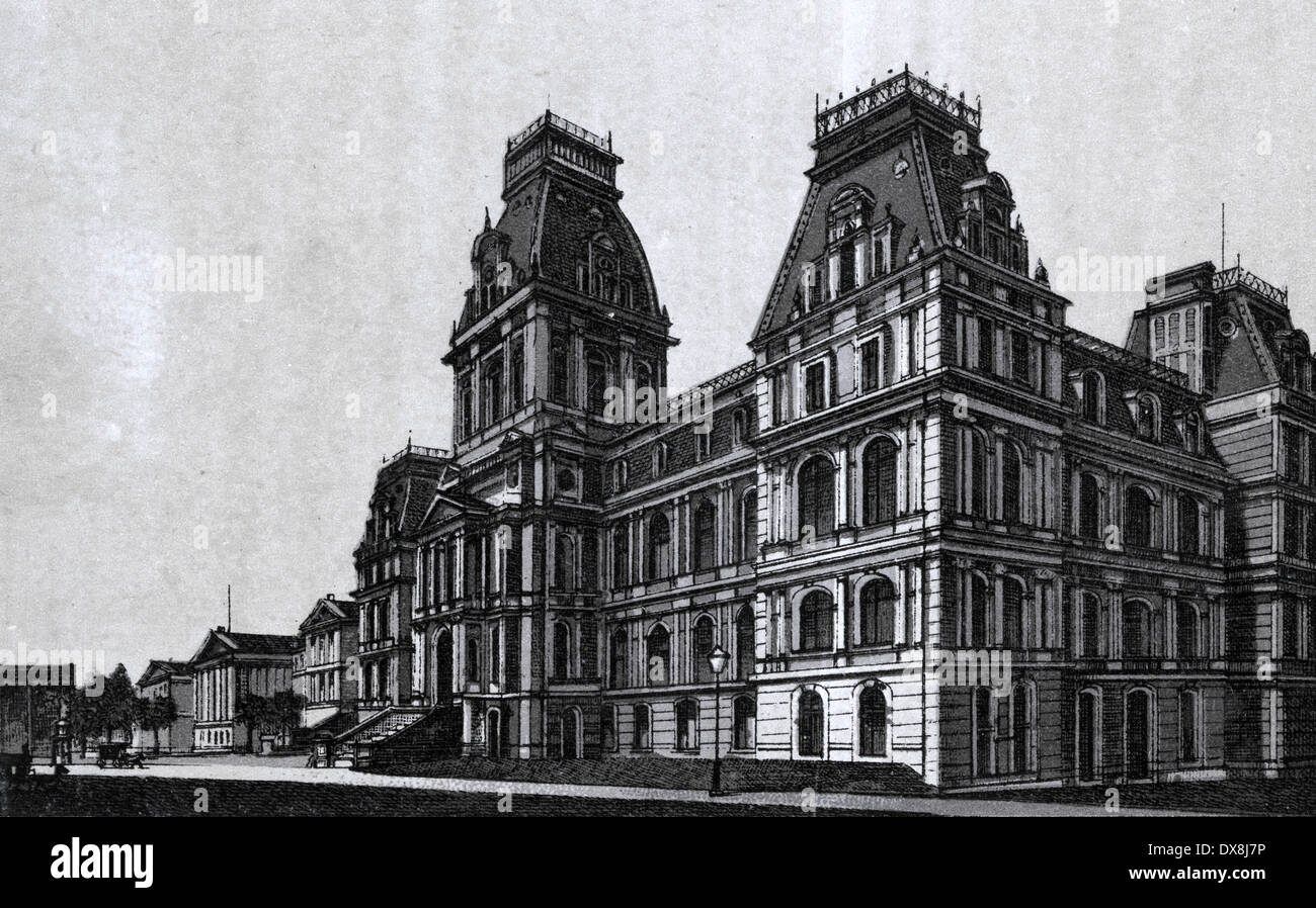 Circa 1885 Vista del nuovo municipio e il palazzo di giustizia di Montreal, Quebec, Canada. Da un souvenir antichi album utilizzando il Glaser/Frey processo litografico. Foto Stock