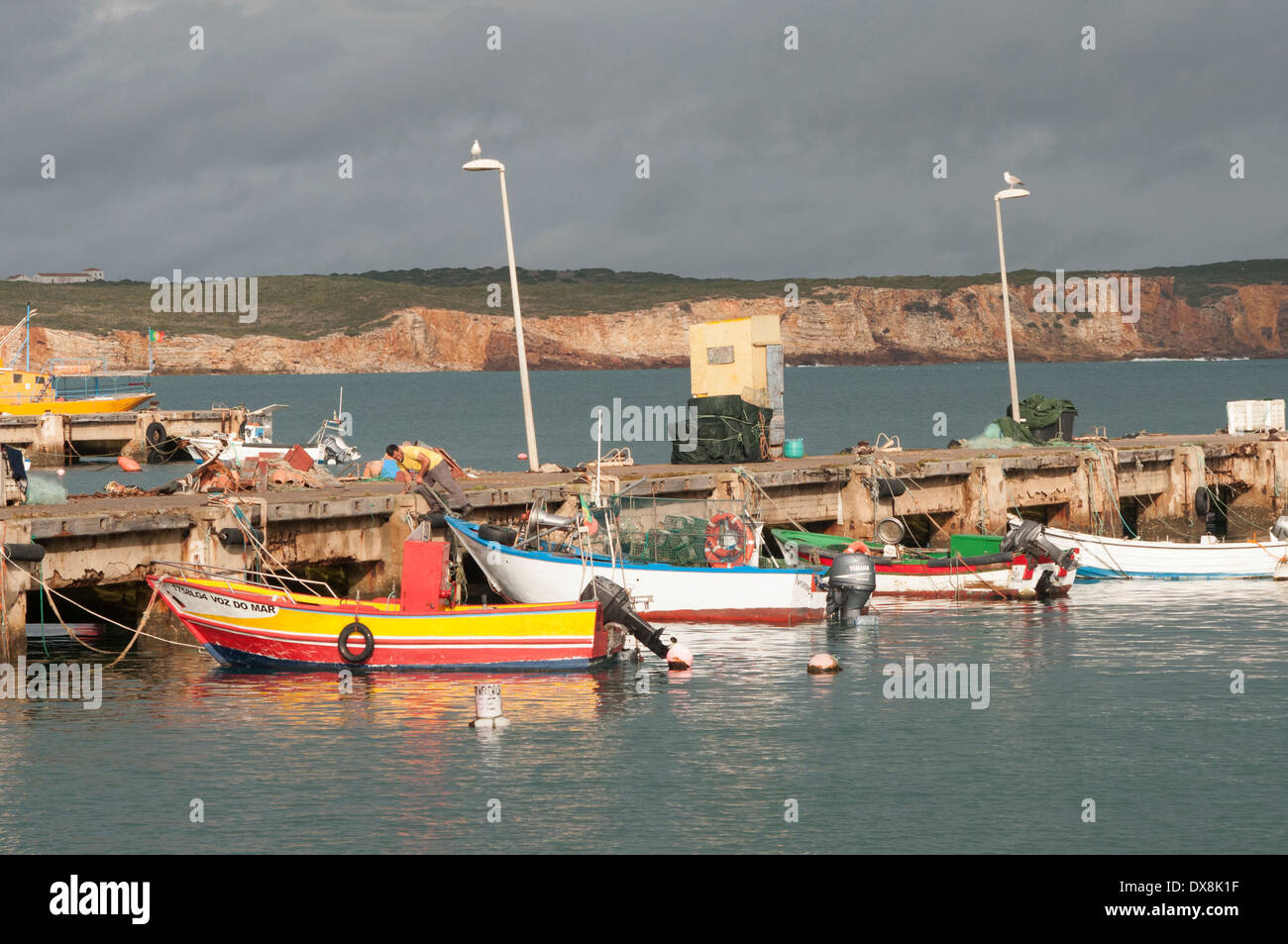 Barche da pesca nel porto di Sagres Algarve, PORTOGALLO Foto Stock