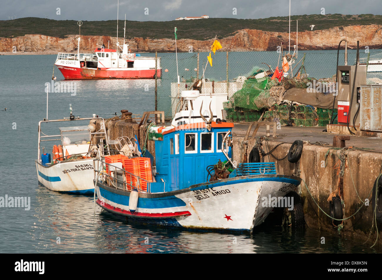 Barche da pesca nel porto di Sagres Algarve, PORTOGALLO Foto Stock