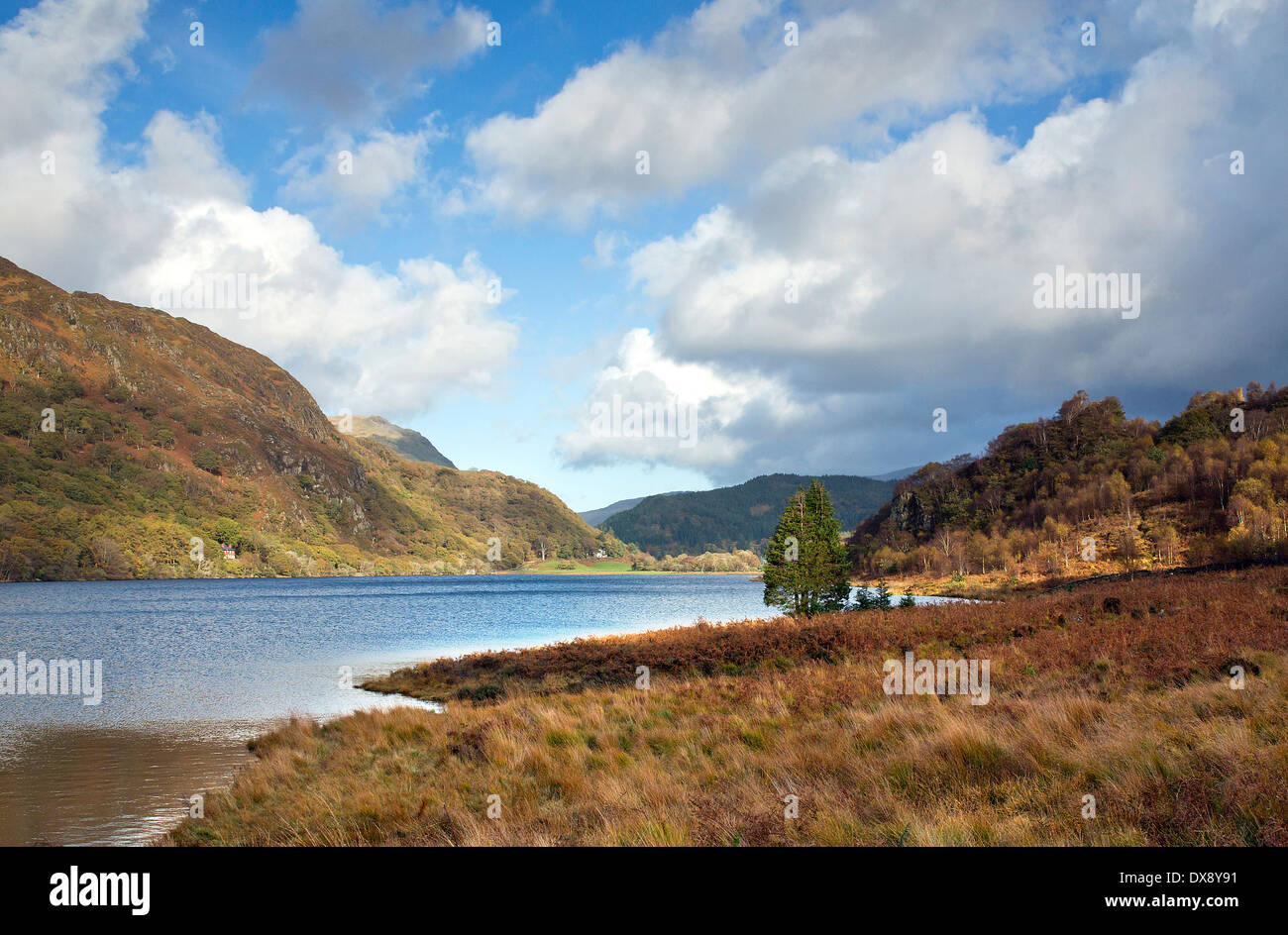 Fotografia Llyn Dinas lago in autunno il Parco Nazionale Snowdonia Gwynedd Galles del Nord Regno Unito Europa Foto Stock