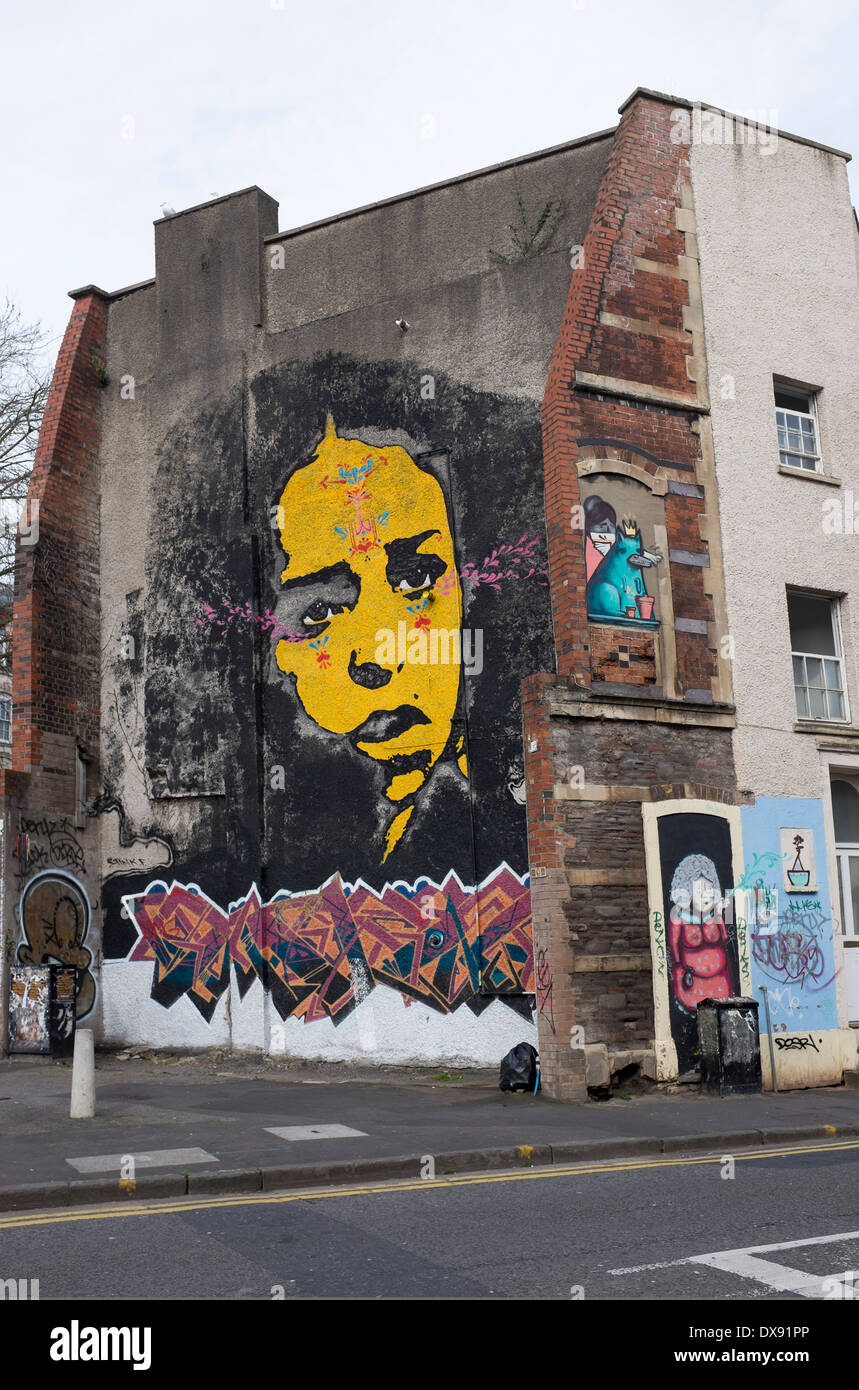Arte Urbana o Street murale in Stokes Croft distretto, Bristol Foto Stock