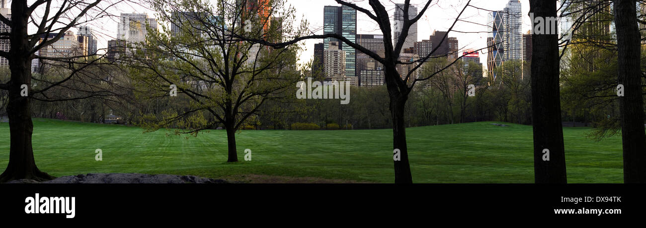Panorama guardando verso sud nella città di New York, in zona Central Park a Sheep Meadow con Midtown Skyline di Manhattan in background Foto Stock