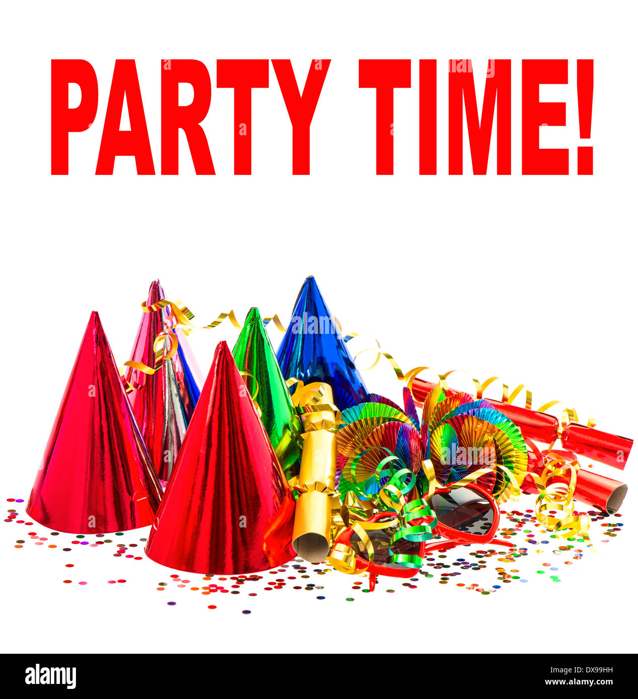 Decorazione colorata con ghirlande, streamer, cracker, party bicchieri e coriandoli. festive sfondo con un testo campione tempo di festa Foto Stock