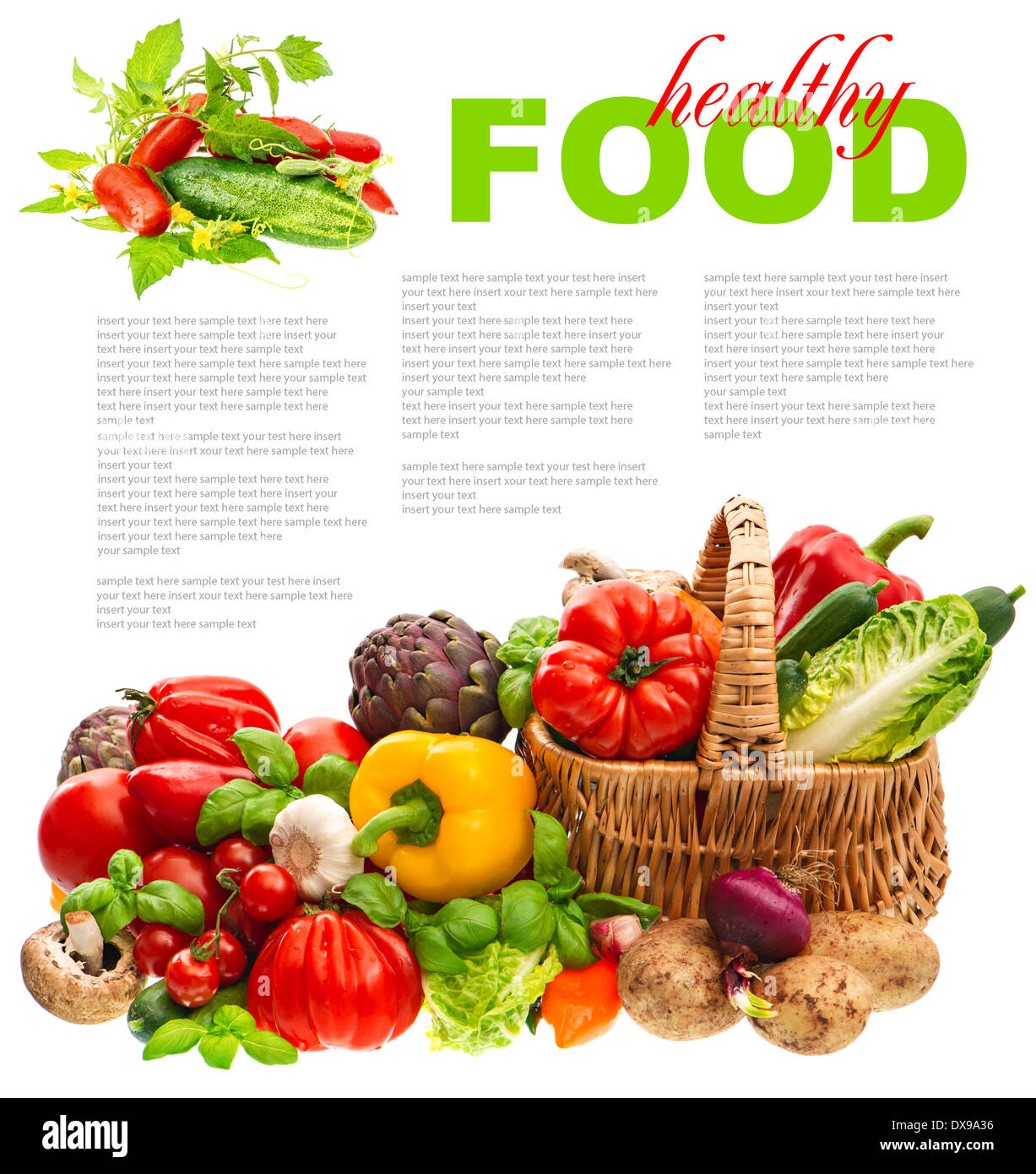 La verdura fresca e erbe su sfondo bianco. Diario organici prodotti. Foto Stock