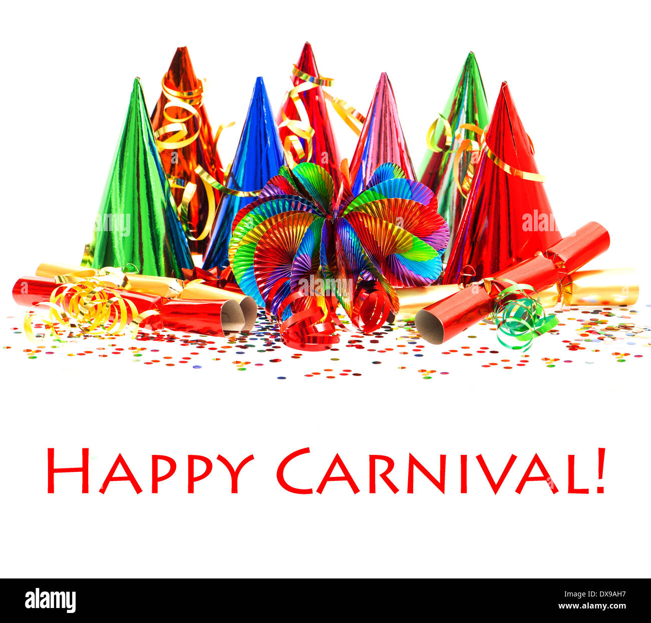Festosa festa di carnevale decorazione con sfondo colorato ghirlande,  streamer, cappelli e coriandoli su bianco con un testo di esempio Foto  stock - Alamy