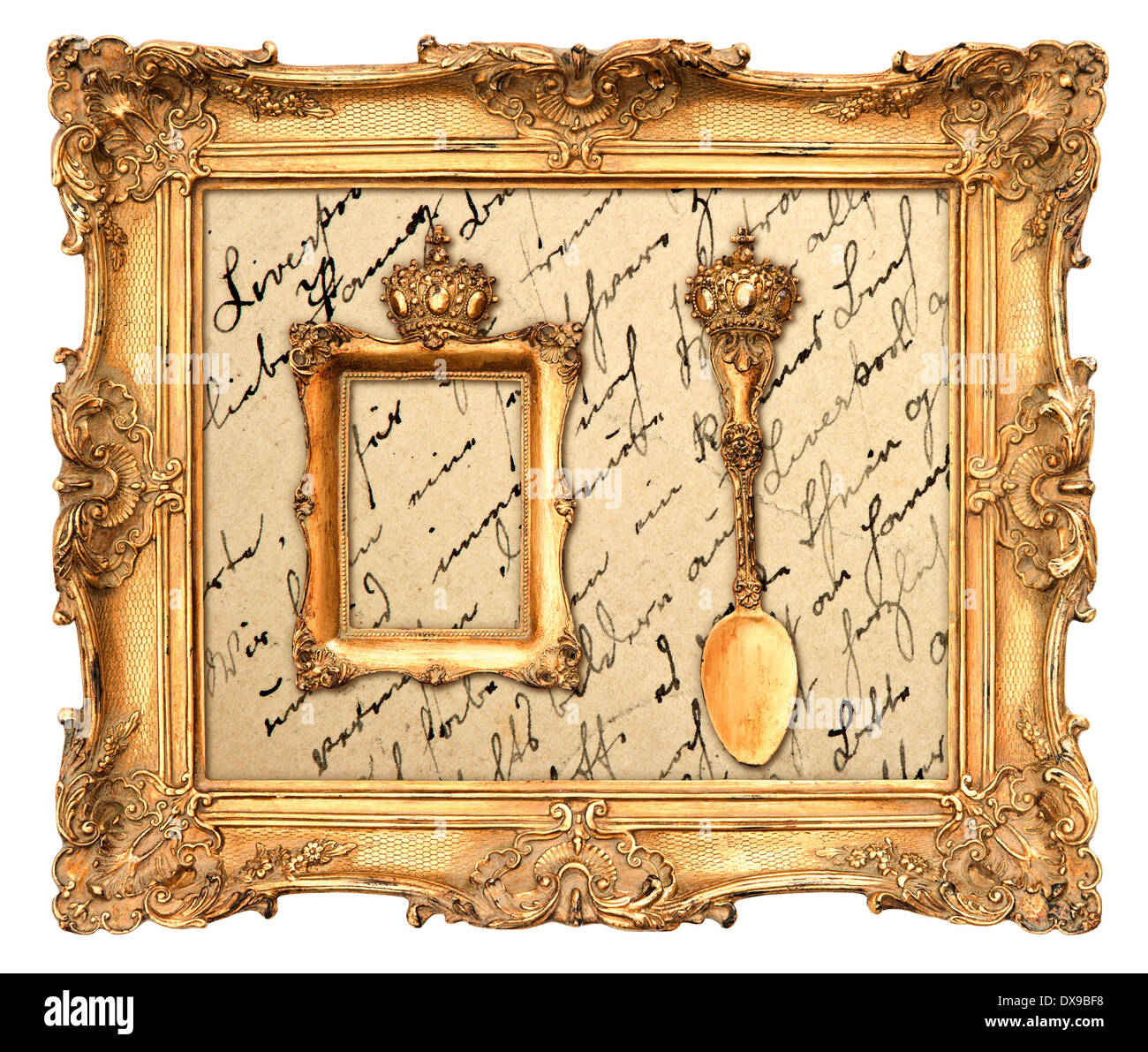 Vecchia cornice dorata con vintage manoscritto inglese sfondo Foto Stock