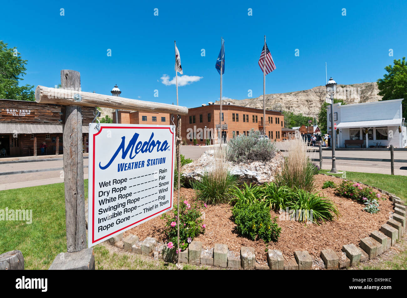 Il Dakota del Nord, Medora, umoristico stazione meteo segno Foto stock