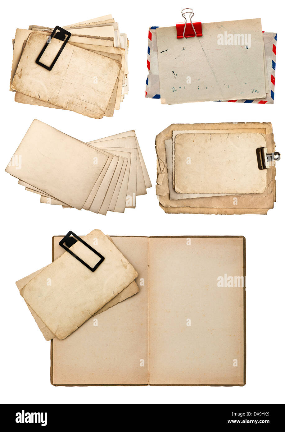 Vecchio libro vintage, cartoline e carta isolato su sfondo bianco. design retrò Foto Stock