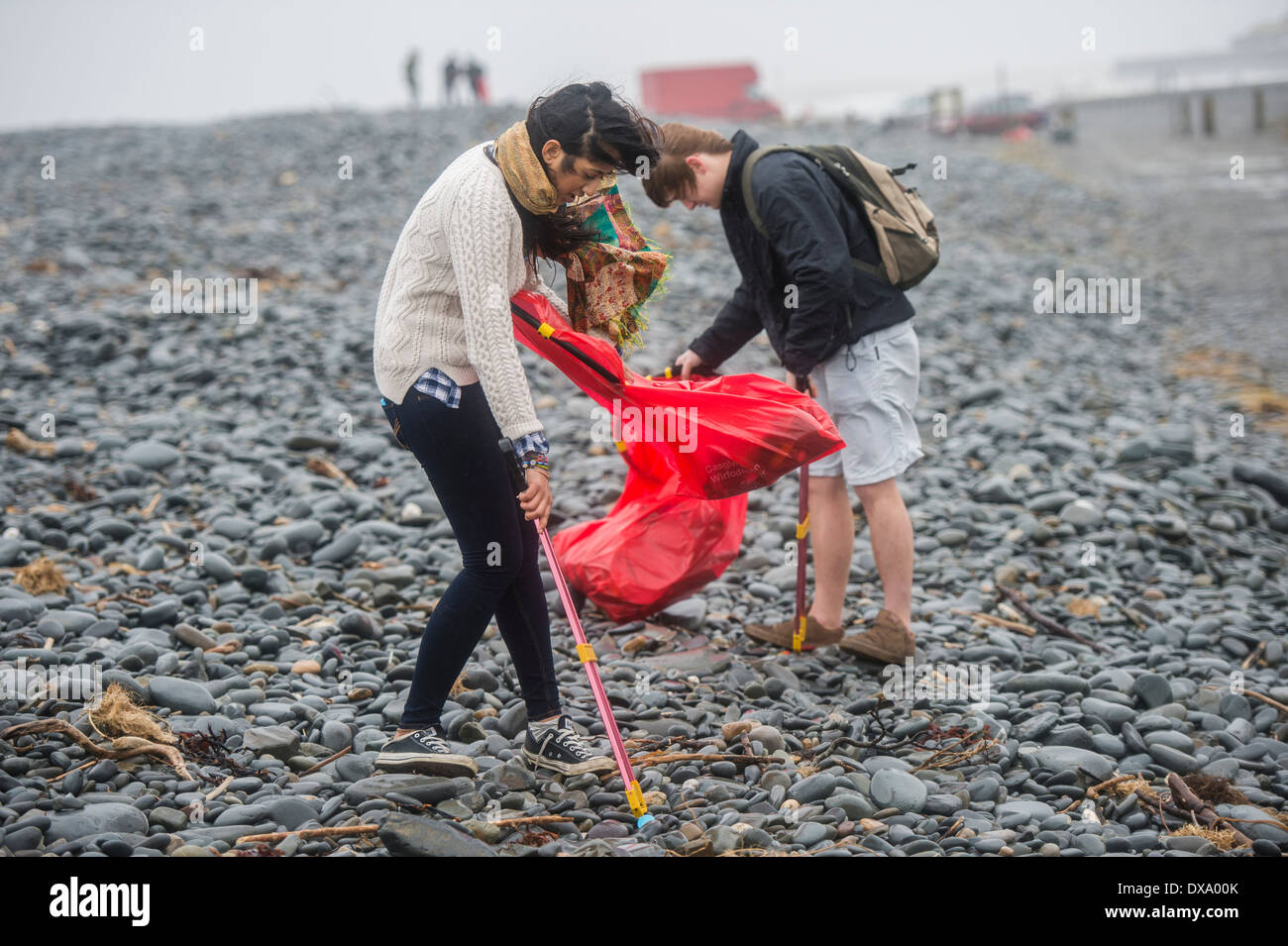 I giovani studenti universitari volontariato per lettiera pulita fuori dalla spiaggia e foreshore a Aberystwyth Wales UK. Foto Stock