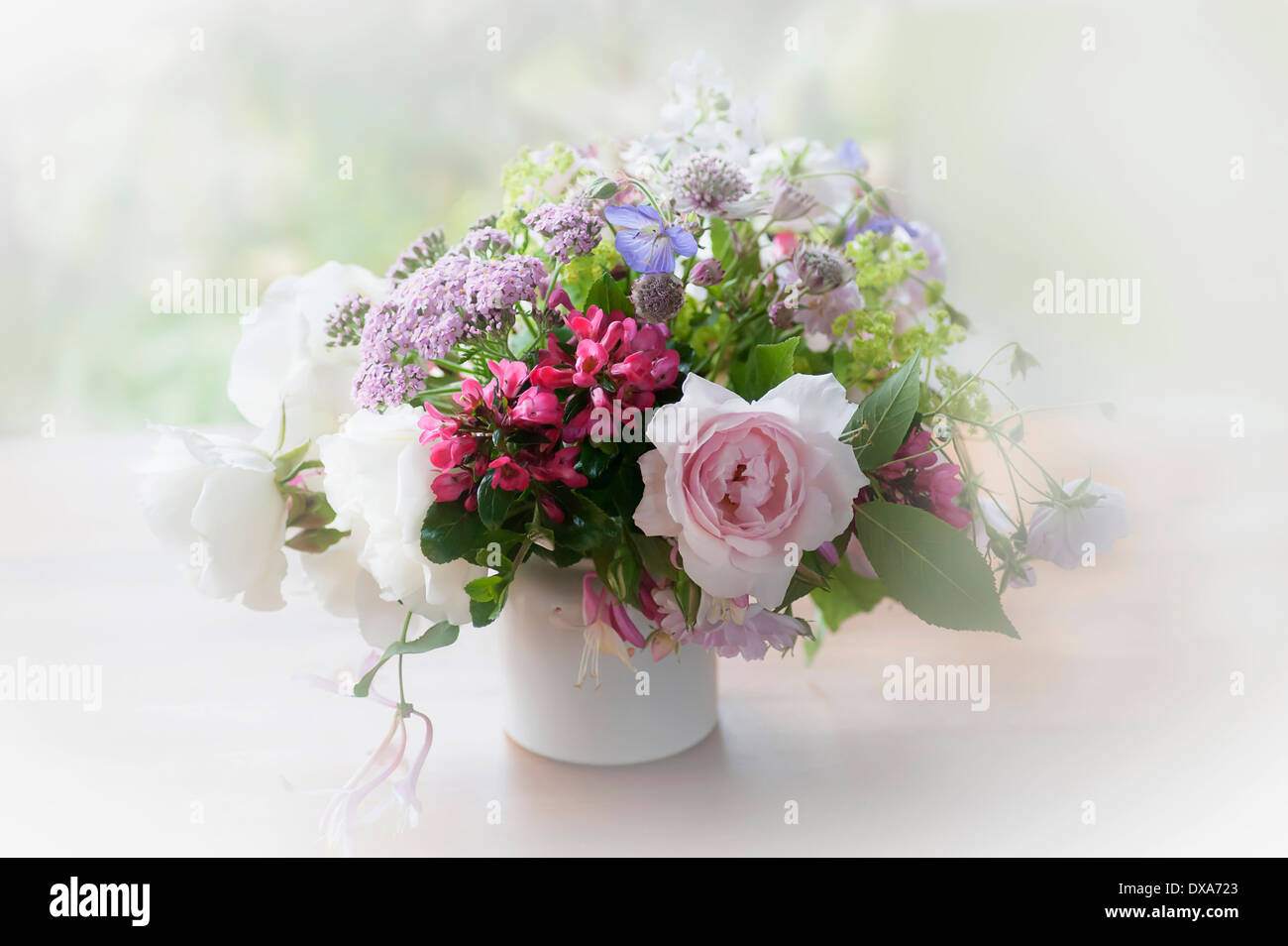 Rose, Escallonia. Yarrow e Astrantia, mazzo di Garden cottage fiori in una caraffa del bianco con un bianco sognanti vignette. Foto Stock