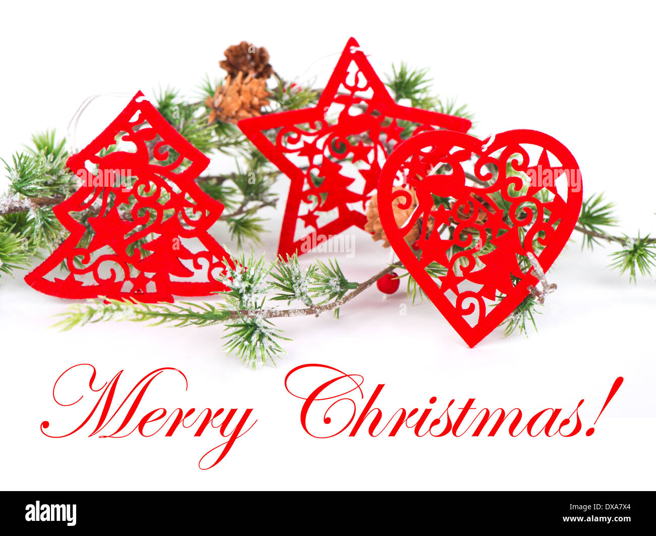 Albero di natale ramoscelli con decorazione rosso. star, cuore, albero. Buon Natale. card concept Foto Stock