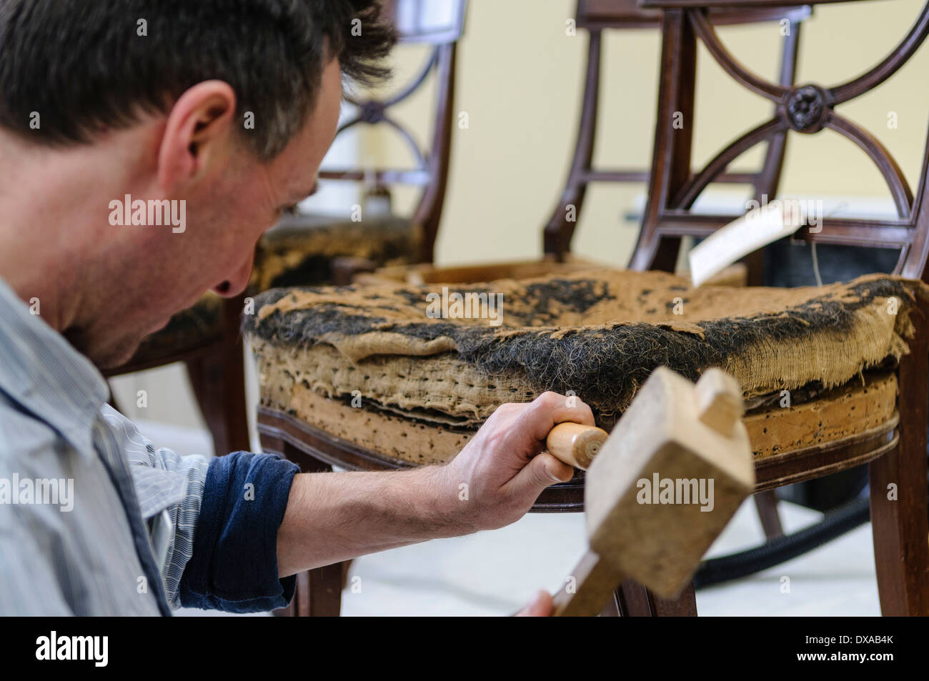 Un restauratore professionista rimuove il coperchio e imbottitura da una sedia antica Foto Stock