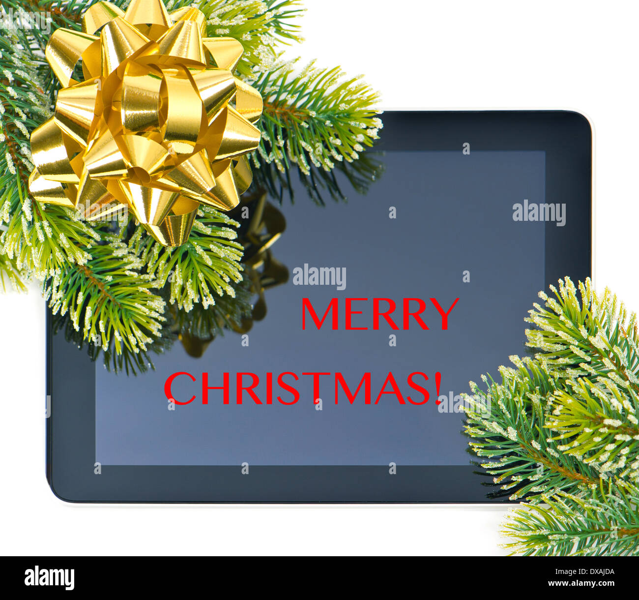Tablet PC e ramo di albero con golden bow Foto Stock