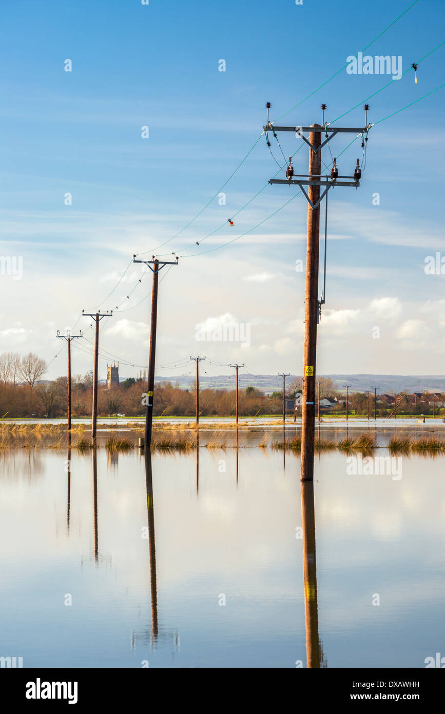 Pali del telegrafo in un paesaggio inondato Foto Stock