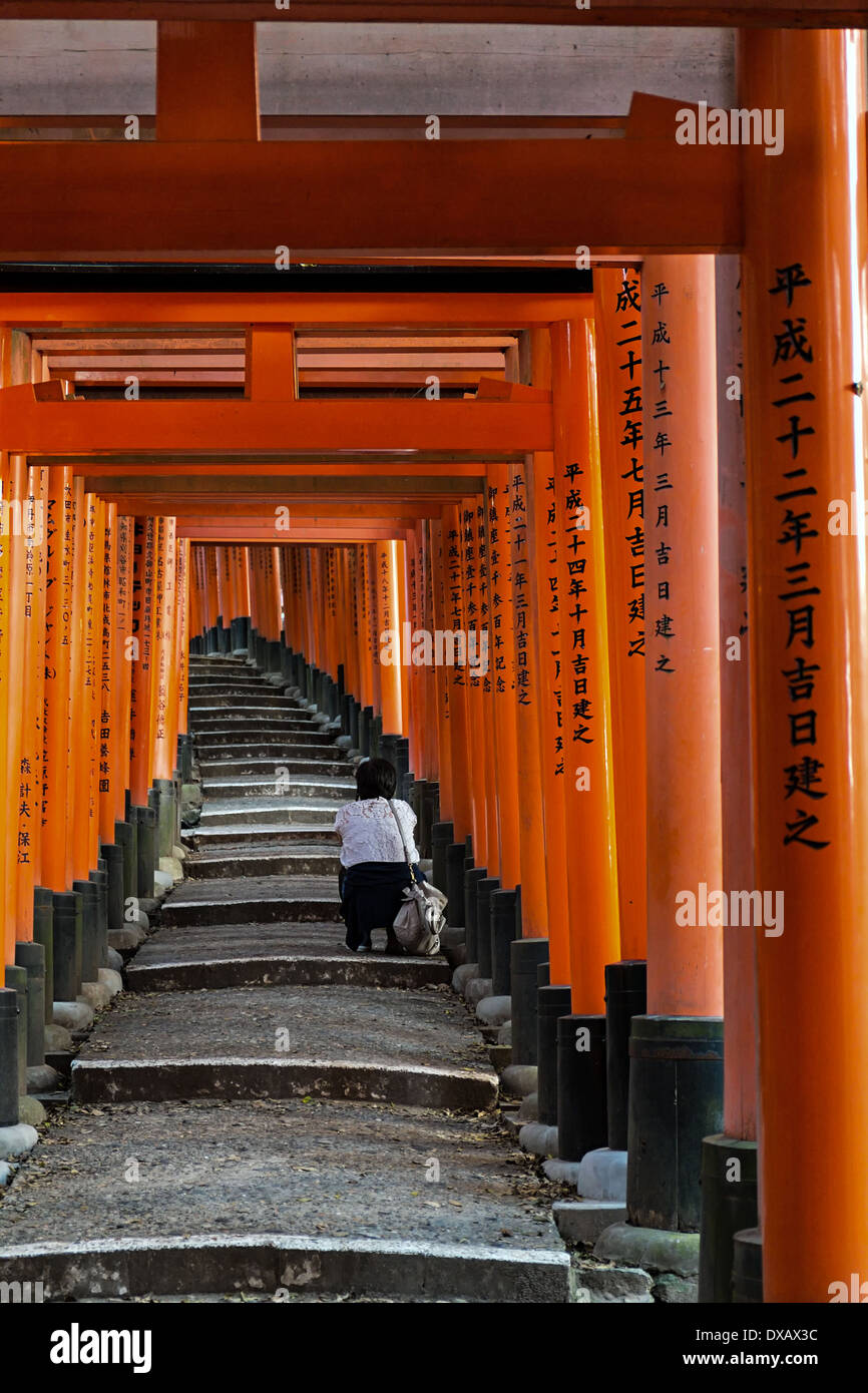 Vermiglio Torii Gates in Fushimi Inari Shrine, Kyoto, Giappone Foto Stock