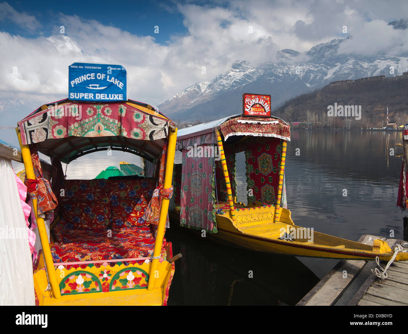 India, Kashmir Srinagar, dal lago, shikaras e innevate montagne Zabarwan Foto Stock